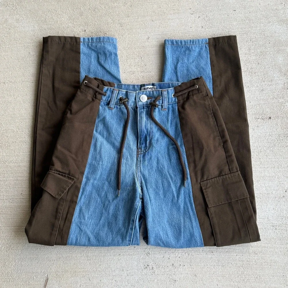 Future Collective Two-Tone Cargo Jeans Blue Brown Women's Size 00 Utility Pants